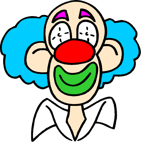 The image shows a cartoon of an exaggerated face with clown makeup features such as red nose, white teeth, big eyes, and blue hair on top of its head. It has two expressions: one is neutral while the other appears to be laughing maniacally or crying out in surprise.