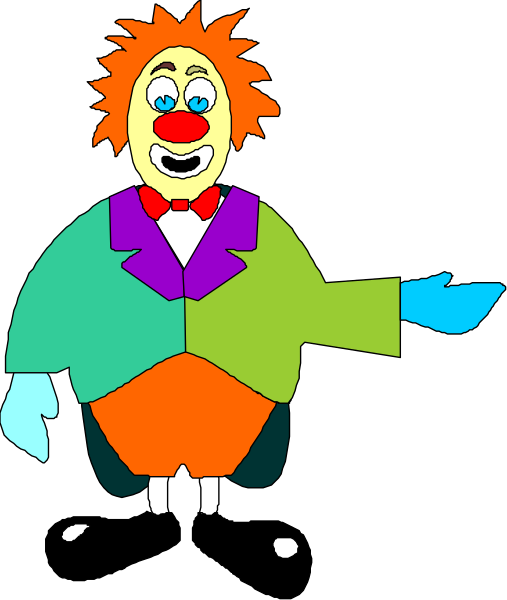The image shows a cartoon clown character standing upright with its arms outstretched against a black background.