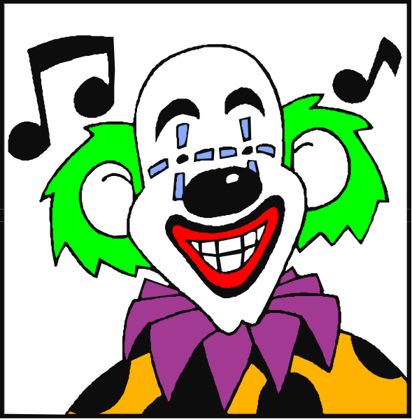 The image shows a cartoon character with clown makeup wearing purple clothing adorned with orange polka dots, sporting green hair and holding balloons in each hand; it is set against a black background featuring musical notes at top left corner of both panels.