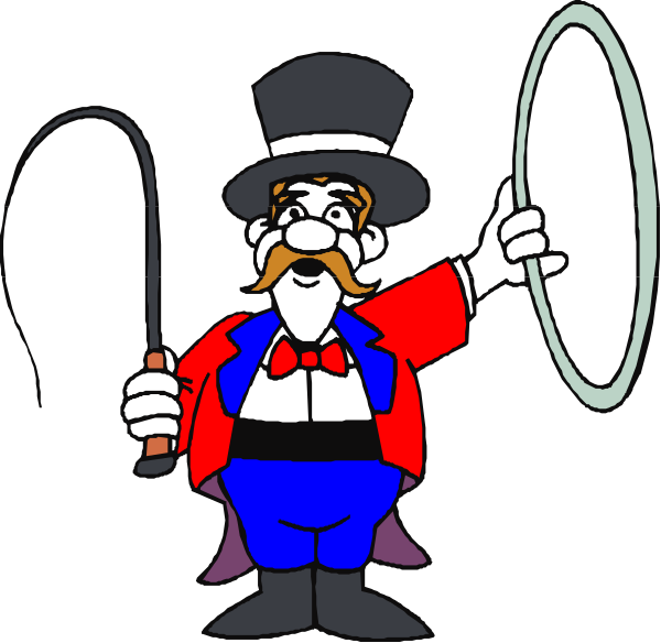 The cartoon depicts a caricature of an entertainer dressed as a magician with exaggerated features such as large eyes, mustache, red nose, top hat, blue suit pants rolled up to his knees and holding two canes in each hand while standing on one leg atop a giant ring.
