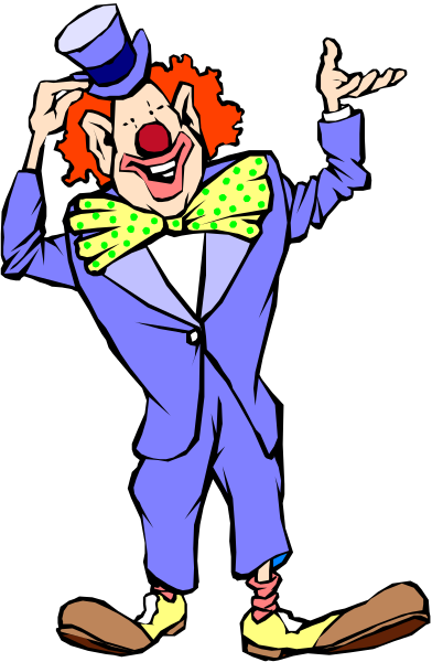 The cartoon shows a clown dressed as an English gentleman with exaggerated features such as large shoes and oversized clothing in shades of blue and purple; he is holding his hat to his chest while standing against a black background, smiling broadly at something off-camera.