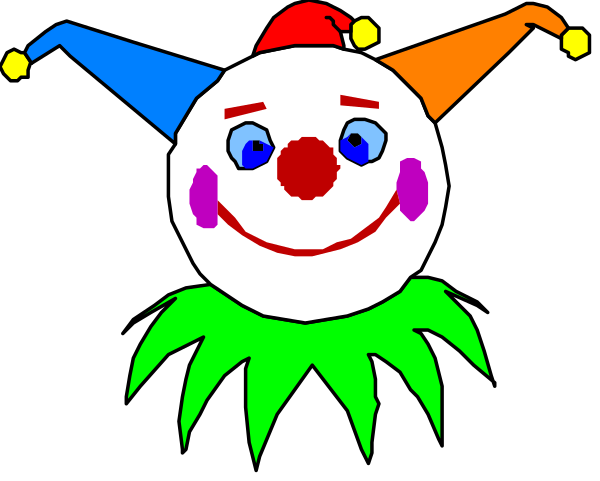 The image shows a cartoon clown with blue eyes wearing red shoes on top of green grass next to an orange carrot in front of black background.