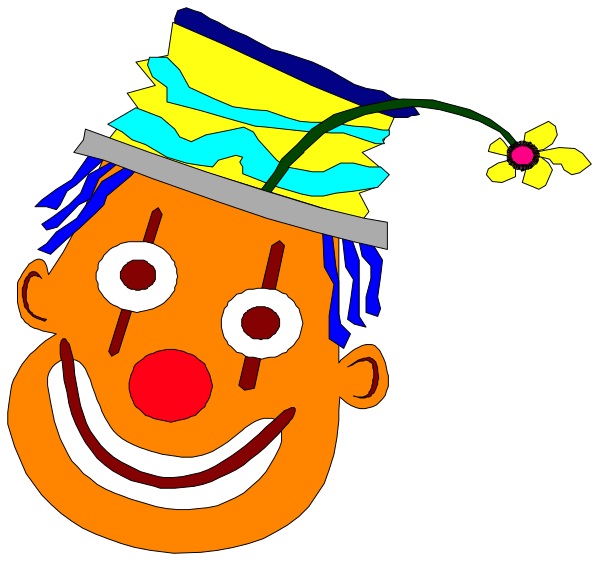 The image shows a cartoon of two clowns with exaggerated facial features; both have large noses, big eyes, red lips, white teeth, blue hair on one side for each character, and colorful costumes including striped pants and hats adorned with flowers or stars.