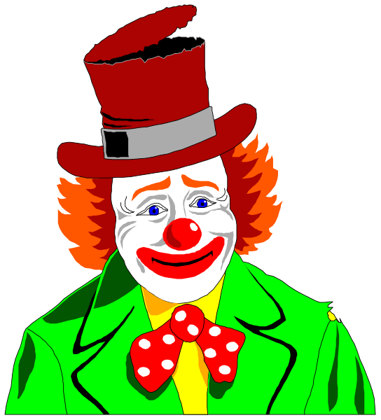 The image shows a cartoon of an exaggerated clown wearing a red top hat with white polka dots, a green jacket adorned with yellow buttons, and a wide smile on his face. He is standing in front of what appears to be a black background.
