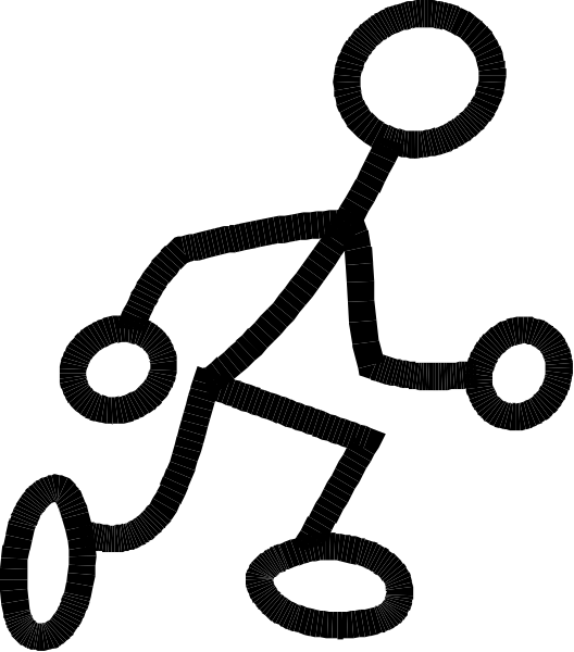The image shows a black silhouette of an abstract figure with multiple eyes against a white background.