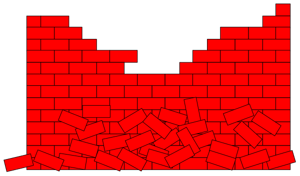 The image shows a red brick wall with some bricks missing to reveal an underlying structure that resembles a castle-like design in shades of gray.