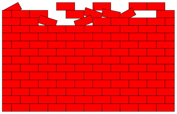 The image shows a red brick wall with some bricks missing on top of it.