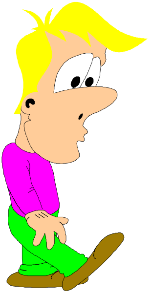 The cartoon shows a man with blonde hair walking away from us towards something out of frame; he is wearing blue jeans and has on a red shirt under his jacket.