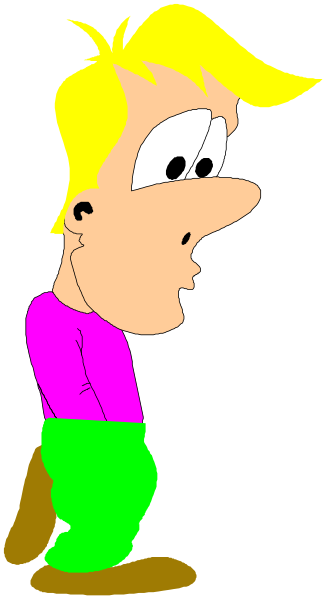 The cartoon shows a man with blonde hair standing against a dark background; he is wearing blue jeans and has his hands in pockets while looking to one side.
