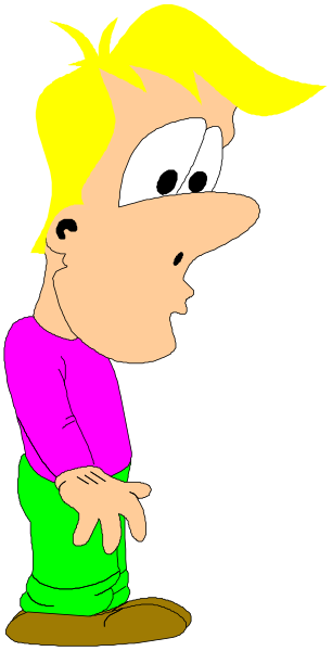 The cartoon shows a man with blonde hair standing against a black background; he is wearing blue jeans and has his hands in pockets while looking to one side.
