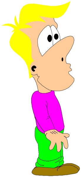 The cartoon shows a male character with blonde hair standing against a dark background; he is wearing blue jeans and has his hands in pockets while looking to one side of him.