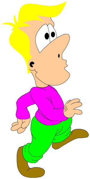 The cartoon shows a male character with blonde hair running to his right while looking back over his shoulder at something off-frame. He is wearing blue pants and has an open mouth as if shouting or calling out, but no sound can be heard in this image.