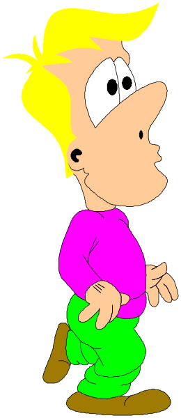 The cartoon shows a man with blonde hair standing against a gray background; he is wearing blue jeans and has his hands in pockets while looking to one side.