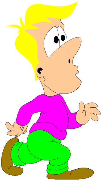 The image shows a cartoon of an animated character with blonde hair standing against a dark background; he is wearing blue pants and has his hands on hips while looking to one side.