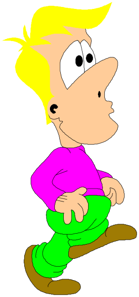 The cartoon shows a male character with blonde hair wearing blue jeans walking to his right past an open doorway into what appears to be a room filled with bookshelves in the background.