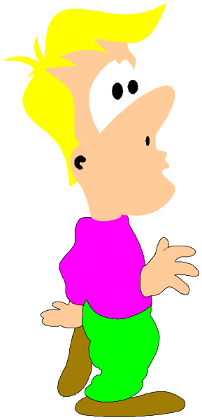 The cartoon shows a boy with blonde hair standing against a black background; he is wearing blue jeans and has his arms outstretched as if gesturing to someone off-camera.