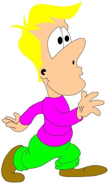 The cartoon shows a male character with blonde hair running to his right while looking back over his shoulder at something off-screen. He is wearing blue jeans rolled up above knee level on one leg.