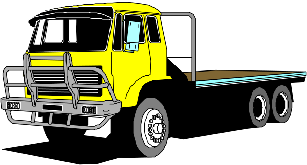 The image shows a yellow truck with an open bed parked on top of what appears to be a trailer hitch.