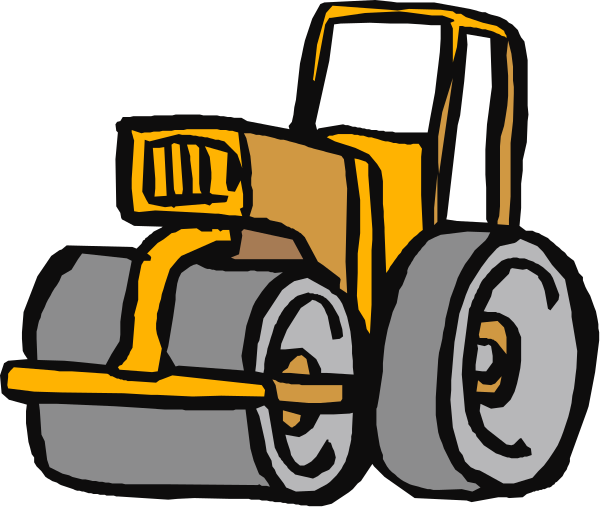The image shows a cartoon depiction of an orange tractor with large black wheels on it next to some tracks that appear to be made for construction vehicles like bulldozers.