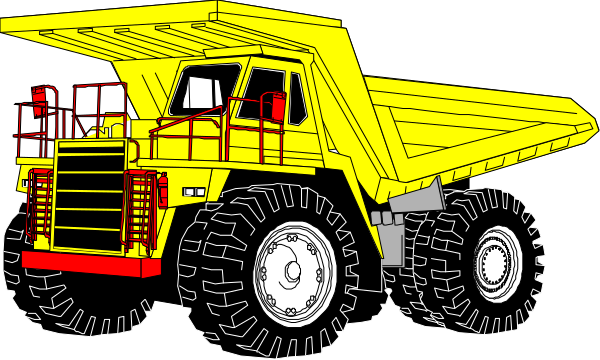 The image shows two yellow dump trucks with black tires on a dark background.
