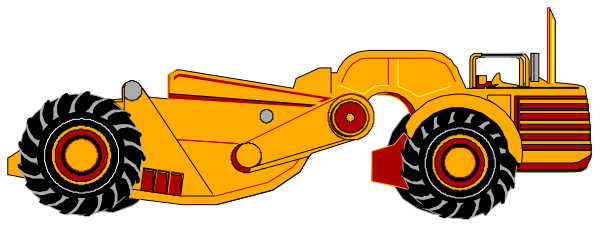 The image shows a cartoon depiction of two construction vehicles: an excavator with its bucket extended to scoop up dirt on one side; and another vehicle that appears to be either a bulldozer, tractor, or similar type of heavy machinery in front of it. Both are set against the backdrop of what looks like a roadway under clear skies.