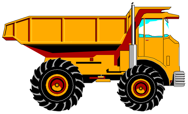 The image shows a yellow dump truck with large black tires on it parked next to an orange building.