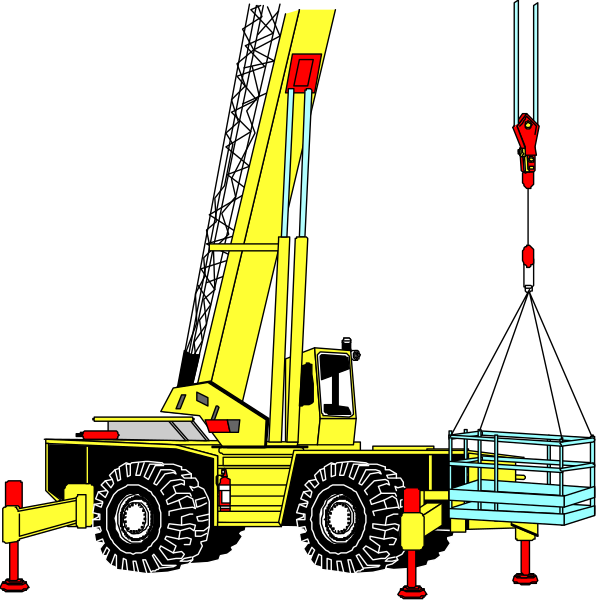 The image shows a yellow crane truck with its boom extended upwards against an unseen object atop it; there is no visible cargo on top of the lift platform nor any person operating the vehicle in this still frame, and we can see only one wheel from another vehicle or piece of equipment to the right.