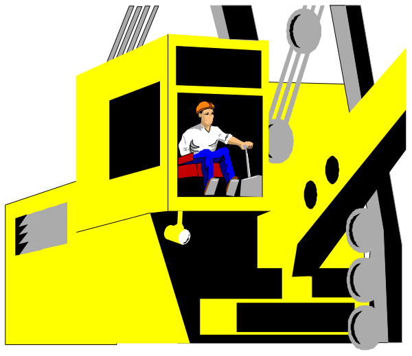The image shows a cartoon of an animated man sitting inside a yellow construction vehicle with various tools around him; there is another similar machine in front of it on what appears to be a dark background.