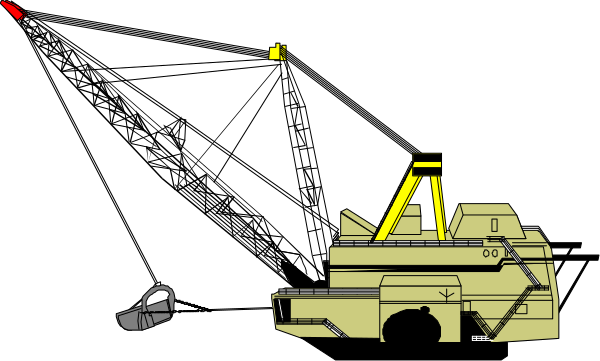The image shows a black and white cartoon of an industrial scene with two cranes on either side of what appears to be a large machine in between them; there is no text present within this small clip-art image, which focuses solely on these objects without any additional context or background details provided by the artist.
