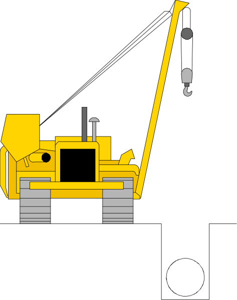 The black and white illustration shows a construction vehicle with an extended arm holding what appears to be a hammer on its end in front of it against a dark background.