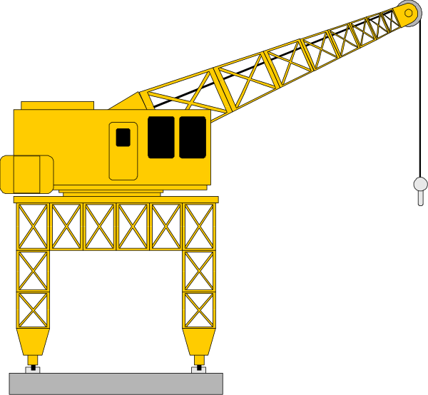 The black and white illustration shows two yellow cranes with their booms extended upwards against a dark background; there is no text present in this image.