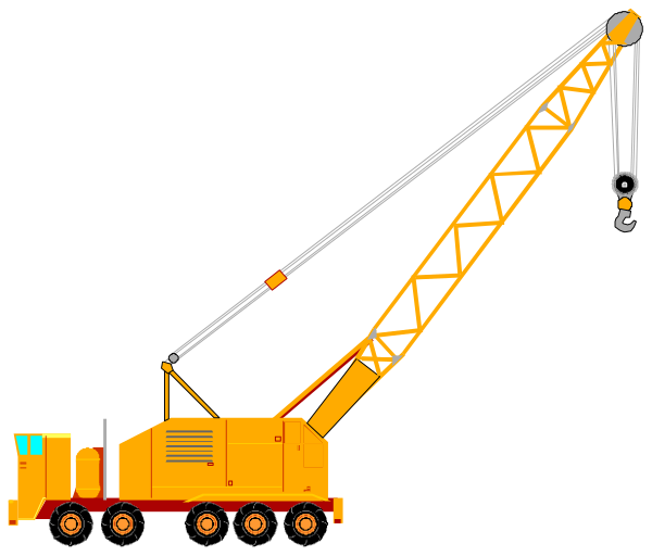 The image shows a yellow crane with an extended arm lifting up a truck on its hook against a black background.