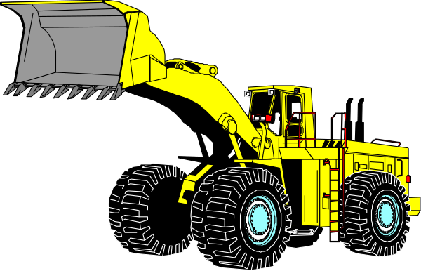 The image shows a yellow construction vehicle with large black tires on it parked next to an empty road at nighttime under dark skies.