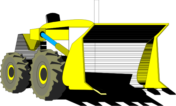 The image shows a yellow construction vehicle with black tires on it parked next to an orange tractor that has blue wheels.