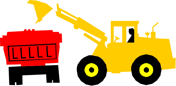 The image shows a cartoon depiction of construction equipment including an excavator with its arm extended towards two trucks: on one side is a red truck labeled "Lift" in white letters, while next to it there's another yellow and black vehicle that appears to be carrying heavy machinery or materials.