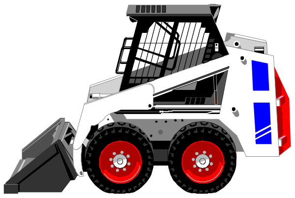 The image shows a white construction vehicle with red wheels on it parked against a dark background.