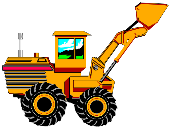 The image shows a cartoon depiction of two construction vehicles: an orange tractor with large black tires on its back wheels and smaller white ones in front; it has yellow tracks instead of regular tyres for movement, indicating that this is likely designed to work in muddy or uneven terrain like farms. Next to the tractor stands a red bulldozer-like vehicle which appears to be an excavator with large black tires on its back wheels and smaller white ones at front; it has yellow tracks instead of regular tyres for movement, indicating that this is likely designed to work