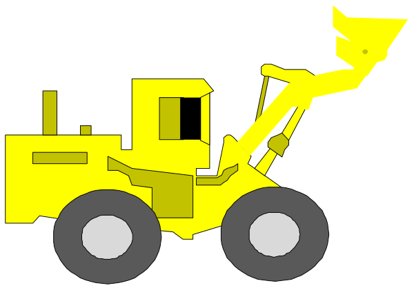 The image shows a yellow construction vehicle with black tires on it parked next to an orange crane truck that is also carrying some cargo in its bed.