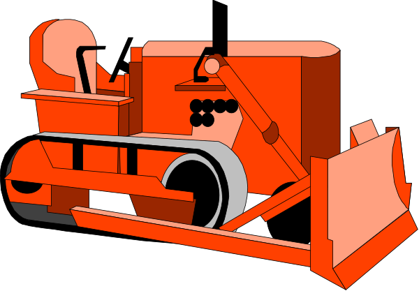 The image shows a red tractor with an attached plow on its front end parked next to it is a person wearing orange safety gear standing beside another piece of construction equipment that appears to be some kind of excavator, and there's also what looks like a wheelbarrow in the background.