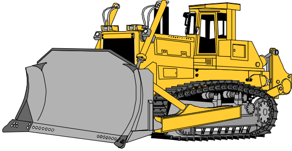 The image shows a yellow bulldozer with tracks on it parked next to an excavator machine that is digging in gravel.