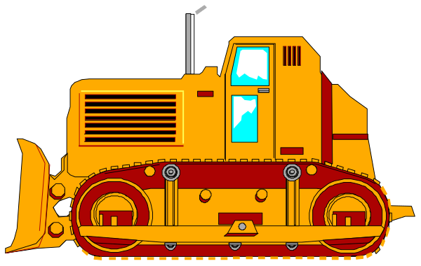The image shows a yellow bulldozer with tracks on it parked next to an orange construction vehicle that has large wheels in what appears to be a dirt field during daylight hours.