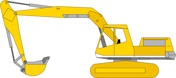 The image shows a yellow construction vehicle with an excavator arm extended over what appears to be a pile of dirt on top of which sits another piece of equipment that resembles a bulldozer blade, all set against a black background.