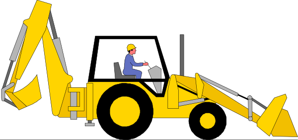 The image shows a person operating an excavator with yellow arms on what appears to be construction site rubble.