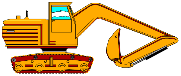 The image shows a yellow construction vehicle with tracks on its base parked next to an orange excavator bucket loader machine.