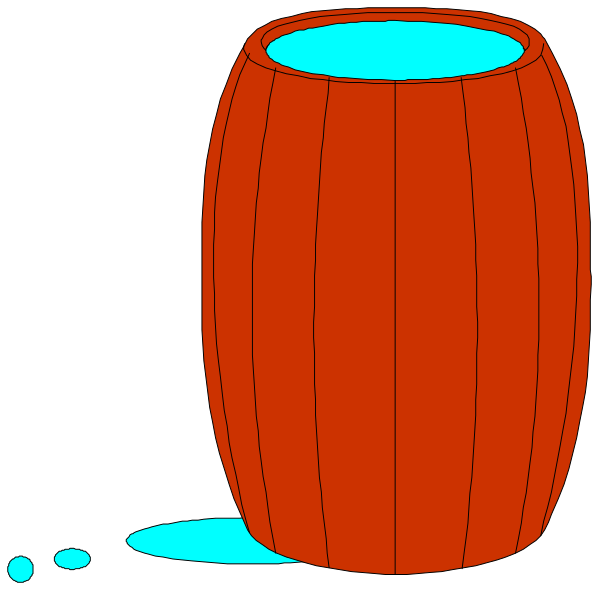 The image shows a red wooden barrel with blue liquid inside it placed on top of what appears to be an ice surface against a black background.