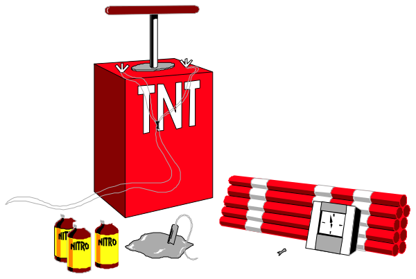 The cartoon shows a bomb with "TNT" written on it next to an explosion kit containing dynamite sticks and fuses; there's also a bottle of nitro glycerine labeled as such, along with other items related to explosives or destruction in various states of disarray.
