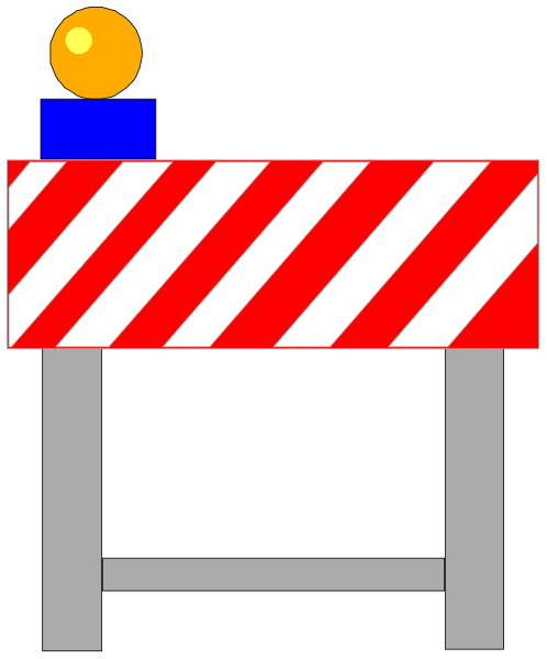 The image shows a cartoon depiction of an orange traffic cone on top of a red barricade with white stripes in front of it.