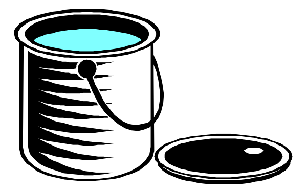 The black and white illustration shows a bucket of blue liquid next to an empty can with handles on either side, both placed against a dark background.