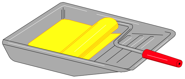The illustration shows a tray with two yellow items inside it on top of what appears to be an oven mitt placed next to a red object that resembles a hot plate or stove burner.