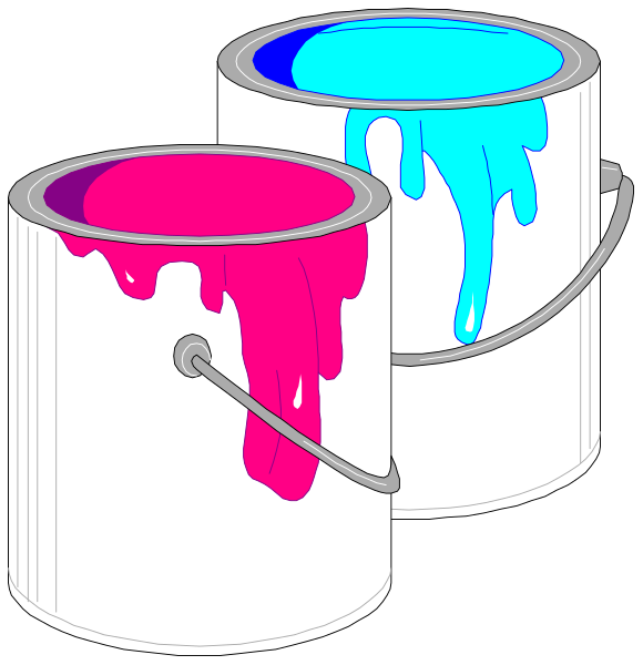The image shows two buckets of paint with splattered color on their sides next to each other against a black background; there is no text present in this clip-art illustration.